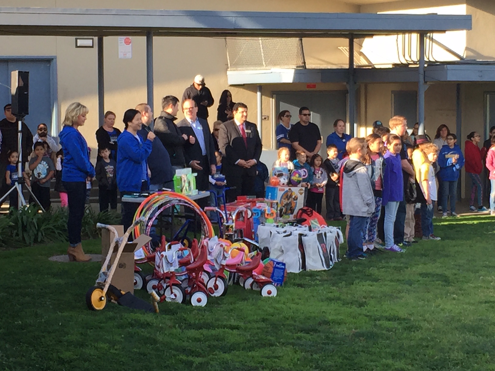 A collection of car enthusiasts known as The Purist Group helped collect new playground toys to Badillo Elementary after a burglary at their kinder program. Photo courtesy of the Charter Oak Unified School District.